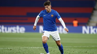 A photorealistic image of an anonymous 25-year-old Pau FC defender in a blue jersey with white sleeves and white shorts...