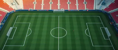 A dramatic pre-match moment on a crisp green pitch, two anonymous players in plain red and white kits (no crests) lunging...