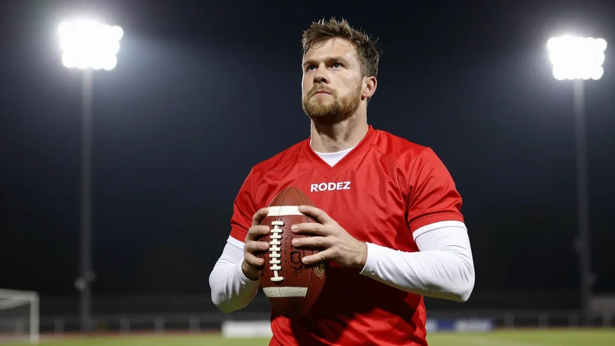 A 35-year-old Rodez player in a red jersey with white sleeves, holding a football and looking up at the floodlights with...