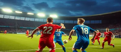 A photorealistic editorial shot of two anonymous footballers locked in a tense duel on a freshly-mowed pitch, one wearing...
